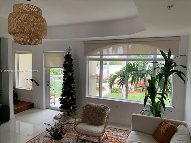 living room featuring light tile patterned floors