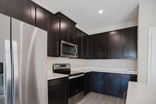 kitchen with stainless steel appliances, dark brown cabinets, and light hardwood / wood-style flooring