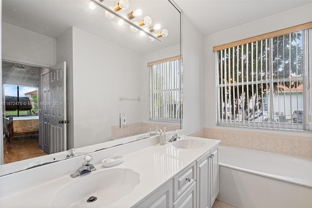 bathroom featuring vanity and a washtub