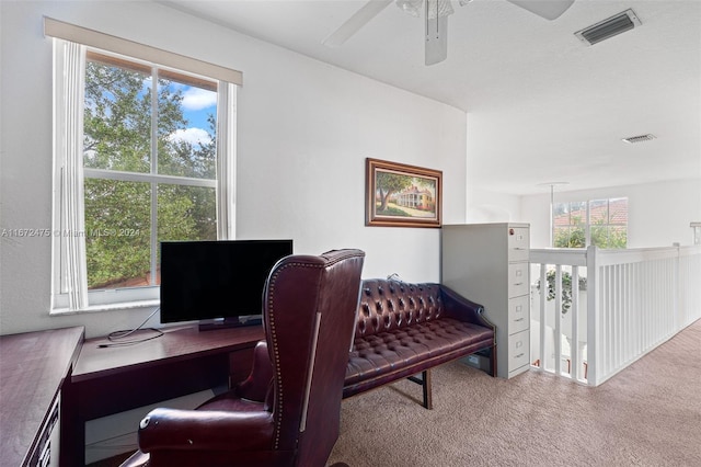 carpeted home office featuring ceiling fan and a healthy amount of sunlight