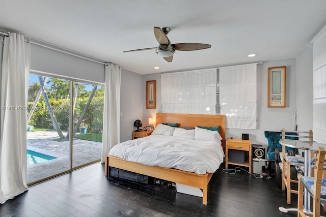 bedroom featuring hardwood / wood-style flooring, ceiling fan, and access to exterior