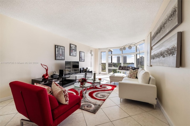 tiled living room with a textured ceiling