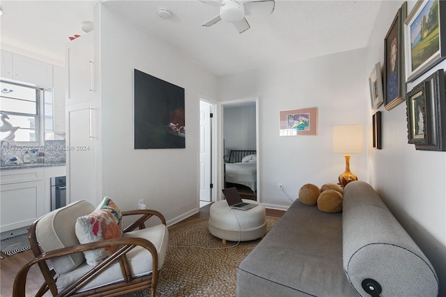 living room with hardwood / wood-style floors, ceiling fan, and sink