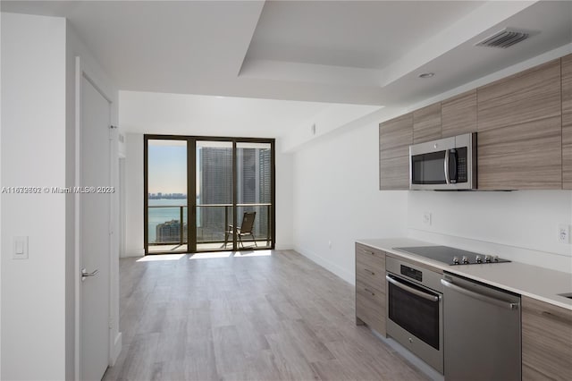 kitchen with appliances with stainless steel finishes, a raised ceiling, a water view, and light wood-type flooring