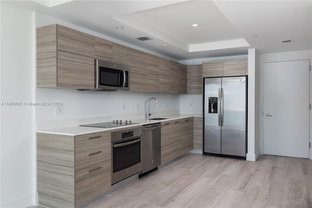 kitchen with appliances with stainless steel finishes, light hardwood / wood-style floors, a tray ceiling, and sink