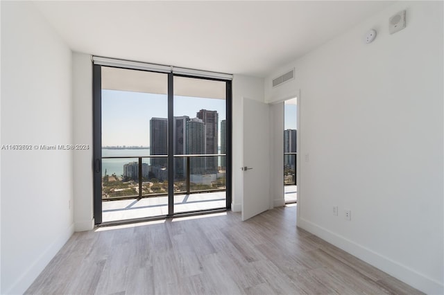 spare room featuring plenty of natural light, light hardwood / wood-style floors, and a water view