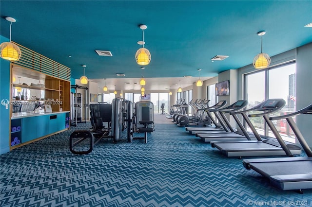 workout area with a wealth of natural light and dark colored carpet