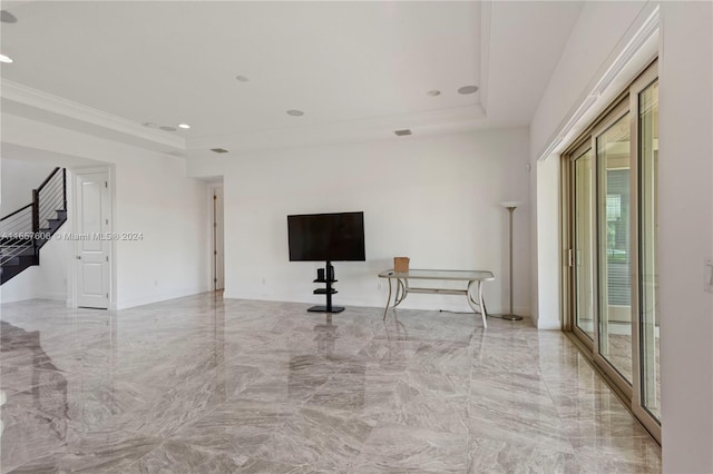 unfurnished living room featuring a raised ceiling