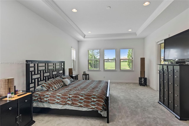 bedroom featuring multiple windows, a raised ceiling, and light colored carpet