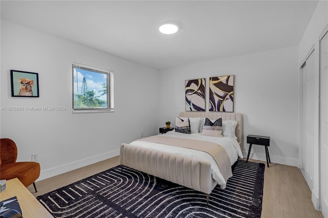 bedroom with light wood-type flooring and a closet