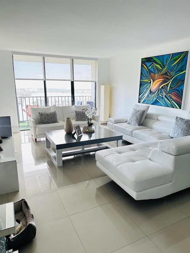 living room with tile patterned flooring