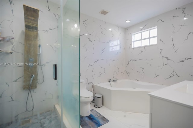 full bathroom with vanity, toilet, separate shower and tub, and tile walls