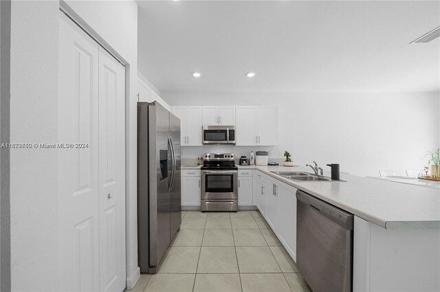 kitchen with kitchen peninsula, stainless steel appliances, white cabinetry, and sink