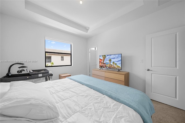 bedroom featuring carpet flooring and a tray ceiling