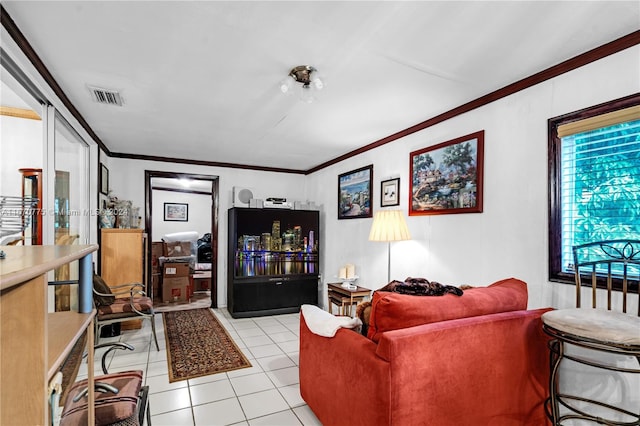 tiled living room with crown molding