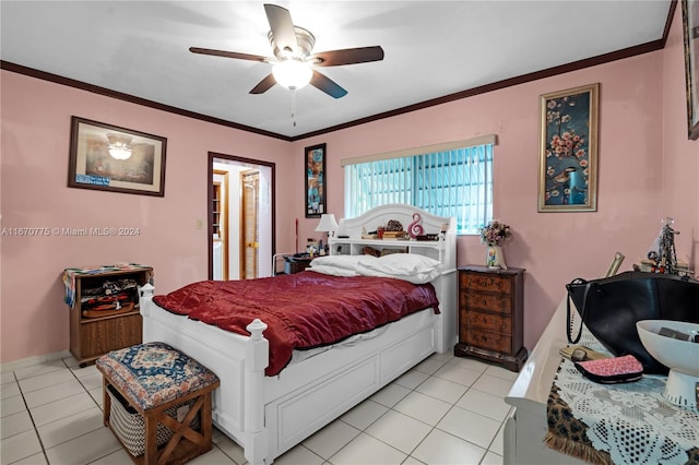 bedroom featuring ceiling fan, light tile patterned floors, and crown molding