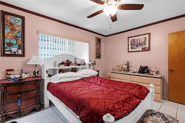 tiled bedroom featuring ceiling fan and crown molding