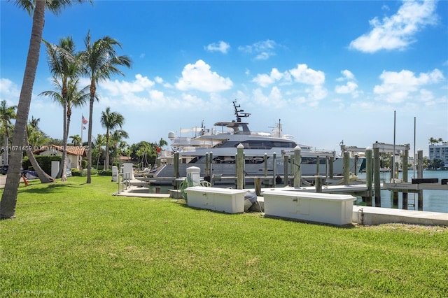 dock area with a yard and a water view