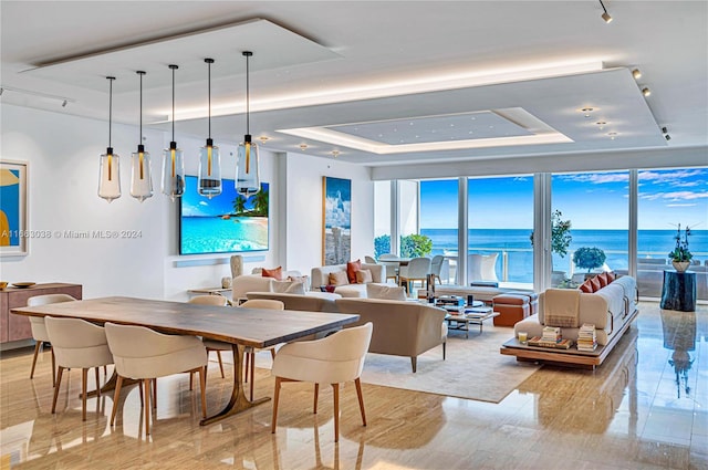 dining room with light wood-type flooring, a water view, and a tray ceiling