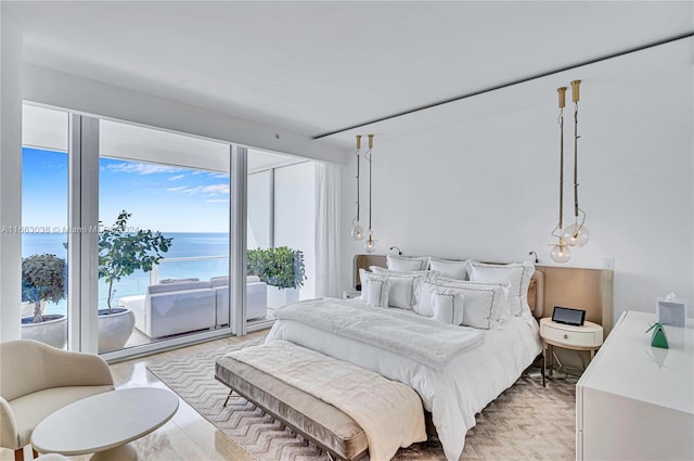 bedroom featuring light hardwood / wood-style flooring, access to exterior, and a water view