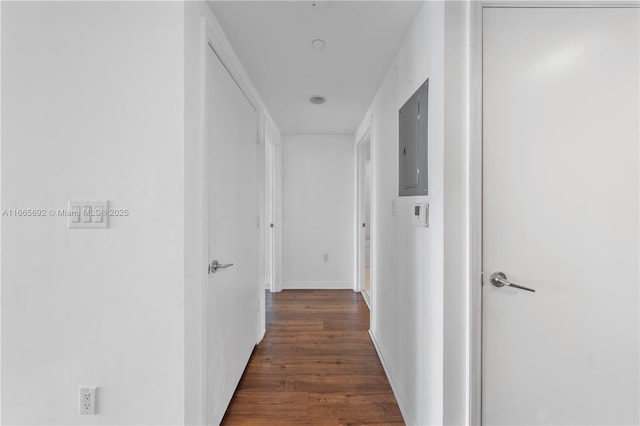 hallway with dark wood-style floors, electric panel, and baseboards