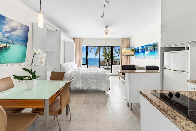 bedroom with track lighting, ceiling fan, and white refrigerator