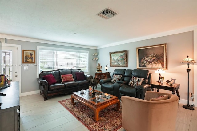 living room with crown molding