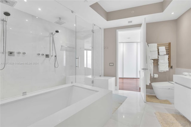 full bathroom with vanity, separate shower and tub, tile patterned flooring, and toilet