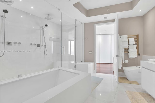 full bathroom featuring a shower stall, toilet, vanity, tile patterned floors, and recessed lighting