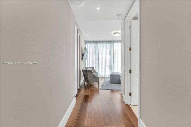 hallway with hardwood / wood-style flooring and baseboards