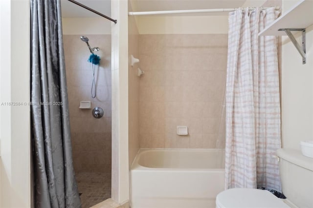 bathroom with toilet and shower / tub combo with curtain