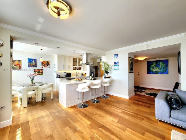 kitchen featuring island range hood, light wood-type flooring, crown molding, and kitchen peninsula