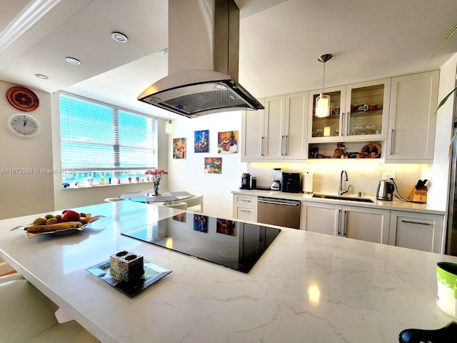 kitchen featuring hanging light fixtures, white cabinetry, dishwasher, island exhaust hood, and sink