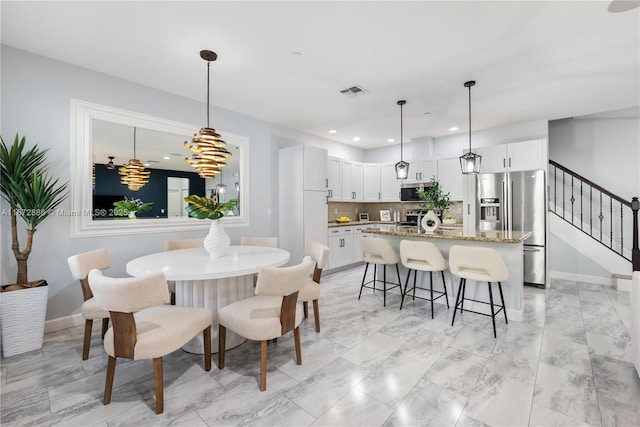 dining room featuring recessed lighting, visible vents, stairway, and baseboards