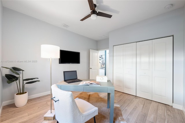 4184 Cascada Cir, Cooper City, FL 33024 - home office featuring ceiling fan, baseboards, and light wood-style floors