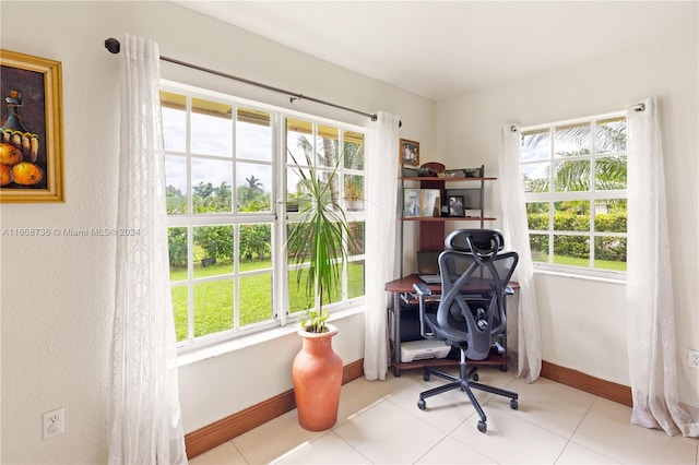 home office with light tile patterned floors