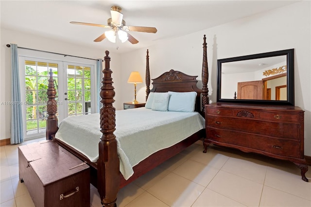 bedroom with light tile patterned floors, ceiling fan, and access to exterior