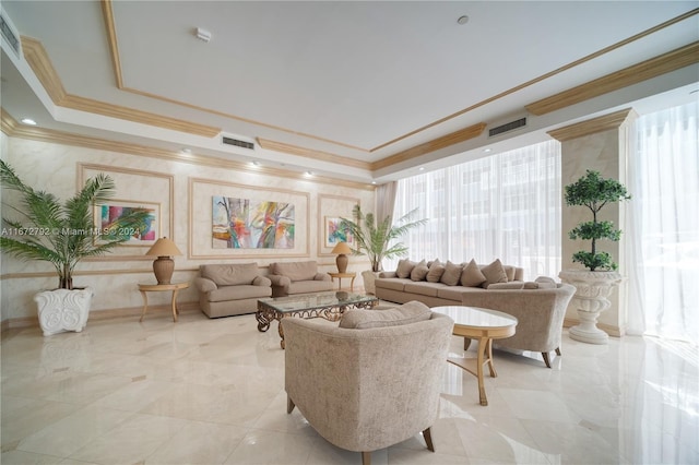 8855 Collins Ave Unit 2D, Surfside, FL 33154 - living area featuring a raised ceiling, crown molding, and healthy amount of natural light