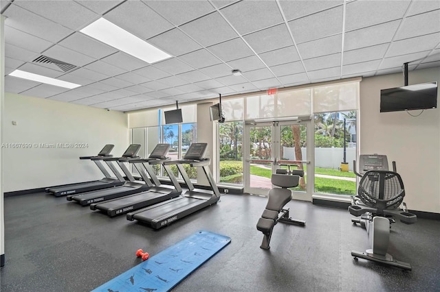 workout area with a paneled ceiling, a wealth of natural light, and a wall of windows