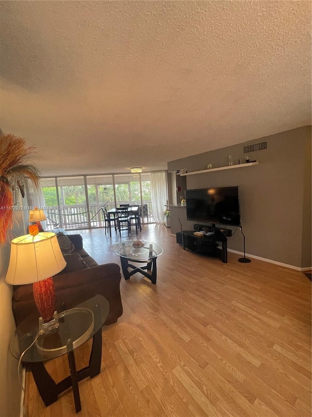 living room featuring light hardwood / wood-style floors and a textured ceiling