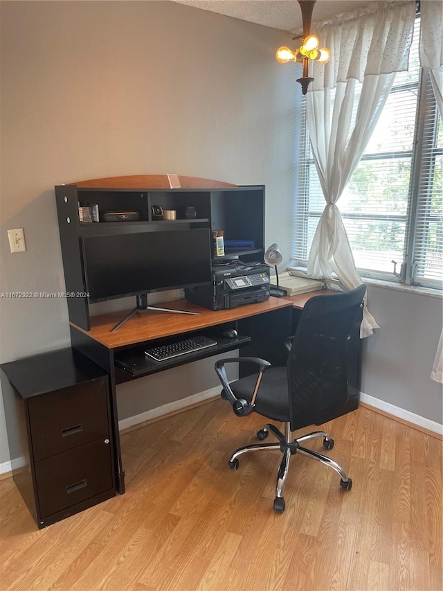 office space featuring ceiling fan and light hardwood / wood-style flooring