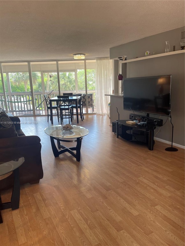 living room with a textured ceiling and hardwood / wood-style flooring