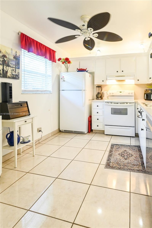 kitchen featuring light tile patterned floors, white appliances, ceiling fan, and white cabinets