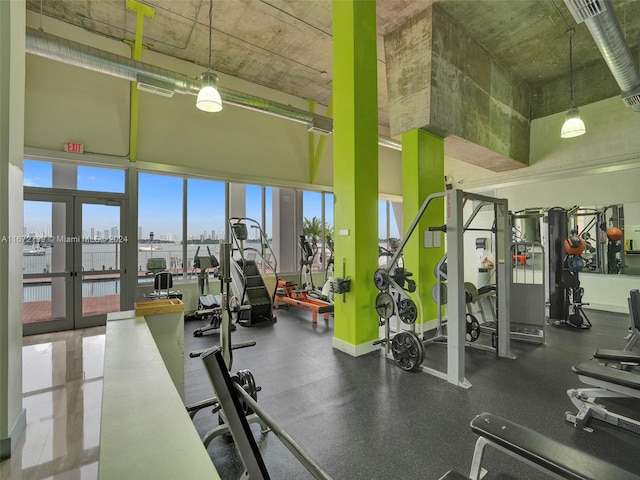 workout area featuring french doors and a high ceiling