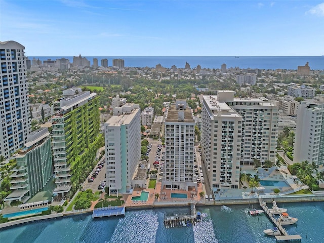 drone / aerial view with a water view