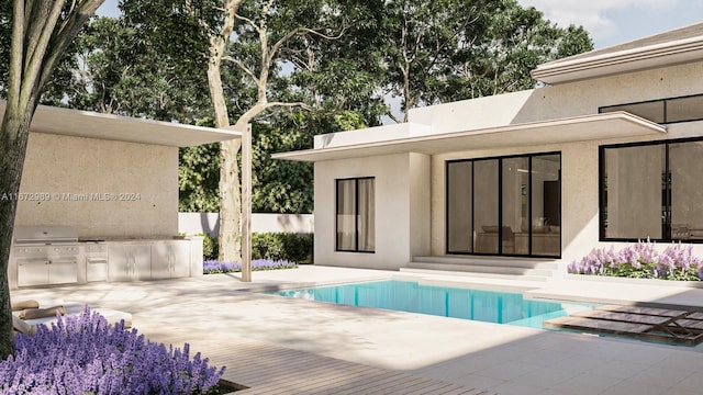 view of swimming pool featuring a grill and a patio area