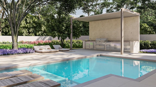 view of pool featuring area for grilling, a patio, and exterior kitchen