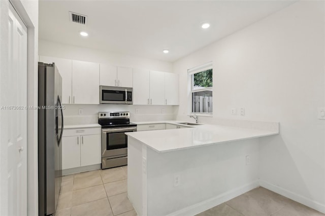 kitchen featuring kitchen peninsula, light tile patterned flooring, sink, stainless steel appliances, and white cabinets