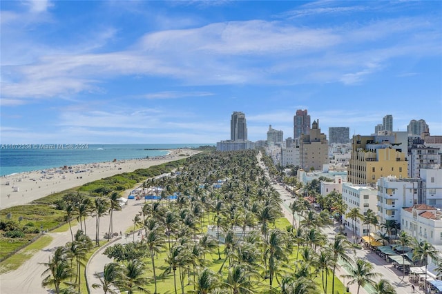 aerial view featuring a water view and a view of the beach