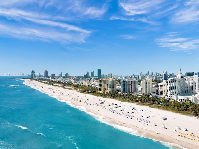 bird's eye view featuring a water view and a view of the beach